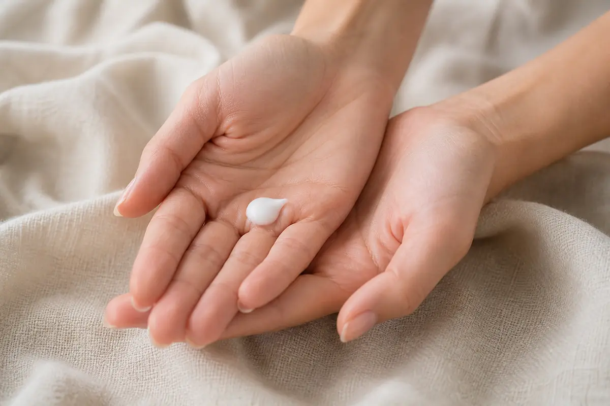 A pair of relaxed hands, palms up, holding a single creamy drop of moisturizer on a soft cream linen background — illustrating a gentle beginner skincare routine.